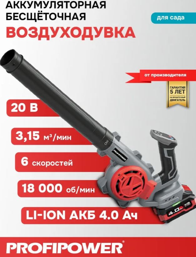 Воздуходувка PROFIPOWER DWDUB-20B (20В, Li-ion-1шт, 4.0Ач, 6 скоростей, З/У, в коробке)
